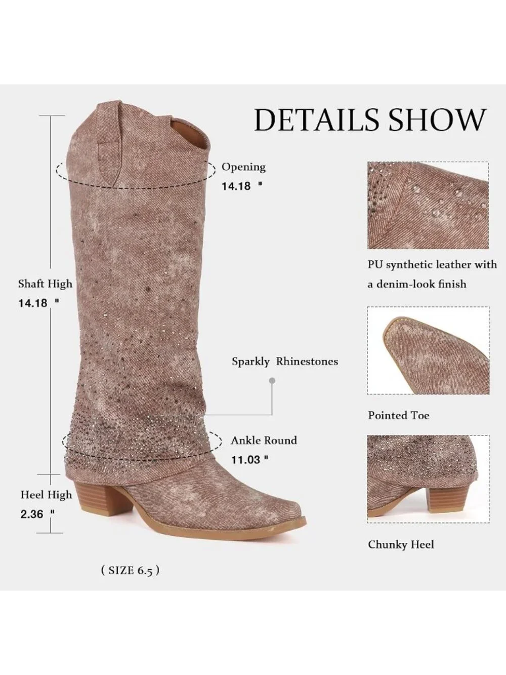 Women's Brown Rhinestones Fold Over Wide Calf Fashion Western Knee High Boots